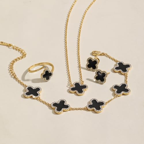 Qitian Clover Bracelet for Women 18K Gold Four Leaf Pink Lucky Link Clover Bracelets, Trendy Bracelets Set Jewelry Gifts for Women - color: K-Black Set