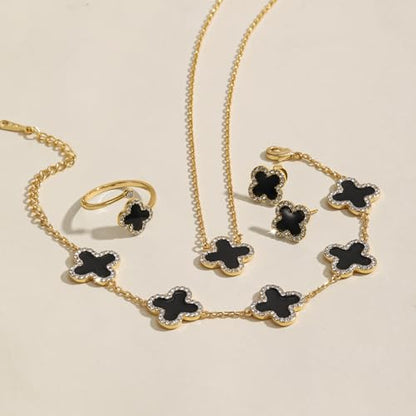 Qitian Clover Bracelet for Women 18K Gold Four Leaf Pink Lucky Link Clover Bracelets, Trendy Bracelets Set Jewelry Gifts for Women - color: K-Black Set