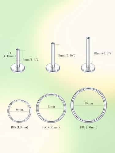 Oveta 16G 18G Flat Back Studs Earrings for Tragus Cartilage Piercing Jewelry, Surgical Steel Nose Rings Hoops 6/8/10mm, Silver/Gold - color: Silver, size: 18g*6/8/10mm bar