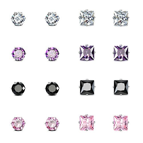 JewelrieShop Women Stud Earrings Set Tiny Small Colorful Earings Stainless Steel Post Earrings Hypoallergenic CZ Birthstone Ear Studs (8 pairs,4mm,Round,Square CZ)