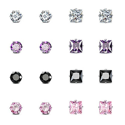 JewelrieShop Women Stud Earrings Set Tiny Small Colorful Earings Stainless Steel Post Earrings Hypoallergenic CZ Birthstone Ear Studs (8 pairs,4mm,Round,Square CZ)