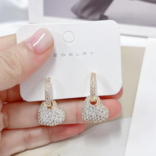 Crystal Heart Dangle Hoop Huggie Earrings for Women Dainty 14k Gold-Tone Plated Cubic Zirconia Small Hoops Earring Charm Drop Jewelry Gift for Ladies Love Statement Valentine's Day Gifts for Girlfriend