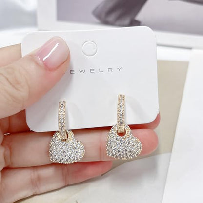 Crystal Heart Dangle Hoop Huggie Earrings for Women Dainty 14k Gold-Tone Plated Cubic Zirconia Small Hoops Earring Charm Drop Jewelry Gift for Ladies Love Statement Valentine's Day Gifts for Girlfriend