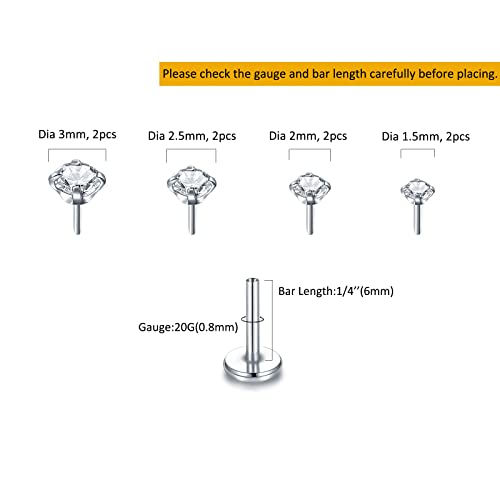 Oveta Threadless Push in Lip Rings 16G/18G/20G Labret Jewelry CZ Lip Studs Stainless Steel Cartilage Earrings for Women Monroe Medusa Piercing Jewelry 6/7/8/10/12mm Bar Length - color: Silver, size: 20G*6mm bar*1.5/2/2.5/3mm cz