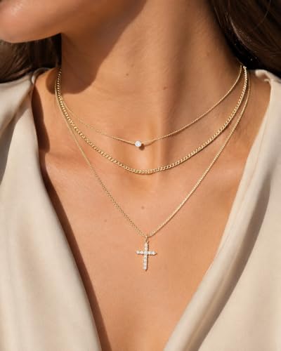 Gold Necklace Stack, Layered Gold Necklaces for Women Jewelry Set | 14K Gold Plated, Separate Chains, Pendant, Dainty, Non Tarnish, Delicate, Chain, Multi, Gift - color: 3 Layer-Cross Gold