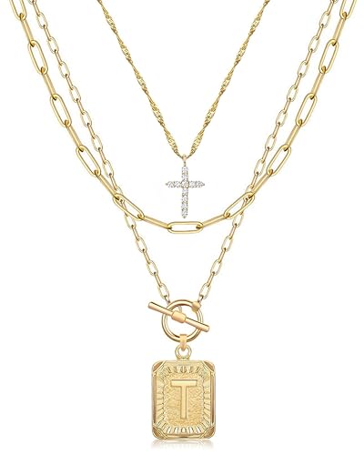MJartoria Layered Initial Necklaces for Women Trendy, 14K Gold Plated Brass Simple Dainty Cross Choker Square Letter Pendant Necklace, Paperclip Chain Necklaces Jewelry - color: Gold, style: T