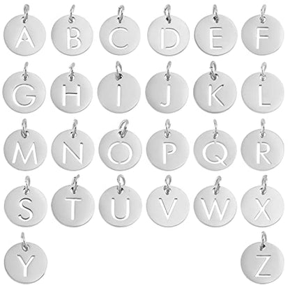 UNICRAFTALE 26pcs Flat Round with Letter Pendants 304 Stainless Steel Charms Letter A~Z Pendants for DIY Jewelry Making
