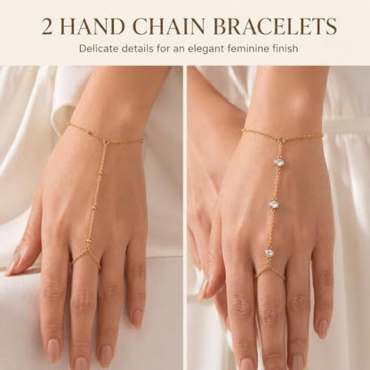 11PCS Gold-Tone Jewelry Set for Women, Includes 4 Upper Arm Cuffs, 2 Hand Chain Bracelets and 5 Bracelets for Women, Boho Disign for Beach, Vacation, Festival and Party Looks