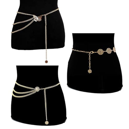 3 Pcs Gold Chain Belt for Women, Adjustable Waist Chain with Clover Butterfly Disc Pendants, Body Jewelry, Boho Belts for Women, Summer Beach Party - color: Gold