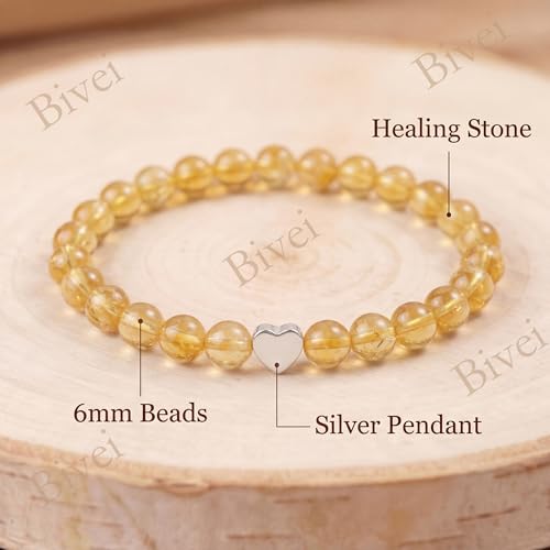 Bivei Crystal Stretch 6mm Bracelets for Women | Handmade Natural Stone Beaded Stretch Bracelet, Stainless Steel Heart Bead, Tranquility Yoga Gift Jewelry for Women - color: Citrine - Amplifies