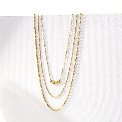 CONRAN KREMIX Waterproof Gold Necklace Layered Necklaces for Women Non Tarnish,14k Gold Plated Stainless Steel Dainty Stack Thin Chain Necklace Set for Women Gifts Jewelry - color: Gold-02