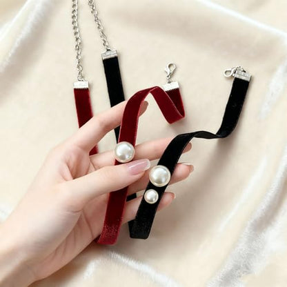 Bow Necklace for Women Dainty Velvet Ribbon Choker Necklaces Red Black Bow Choker Pearl Bell Heart Pendant Necklace Winter Holiday Necklace Cute Bow Knot Necklace for Christmas New Year Gifts - color: Red choker