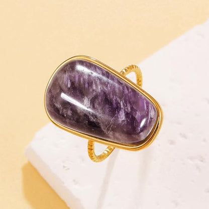 OIDIMS Gemstone Statement Ring for Women Gold-Tone Stainless Steel Natural Stone Rose Quartz Aventurine Turquoise Adjustable Open Band Stacking Finger Rings Boho Cocktail Wedding Party Jewelry - color: Amethyst
