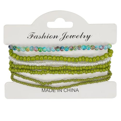 Boho Colorful Stackable Crystal Glass Beads Stretch Bracelets Multilayered Bracelets for Women Bohemian Jewelry - color: Green 7pcs