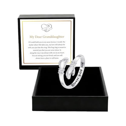 Granddaughter Daughter Hug Ring For Hope Rings, Stainless Steel Inspirational Jewelry Engraved Always With You Love You Forever Message Adjustable Non Tarnish Jewelry Birthday Gift Card - color: CZ Always(Dear)