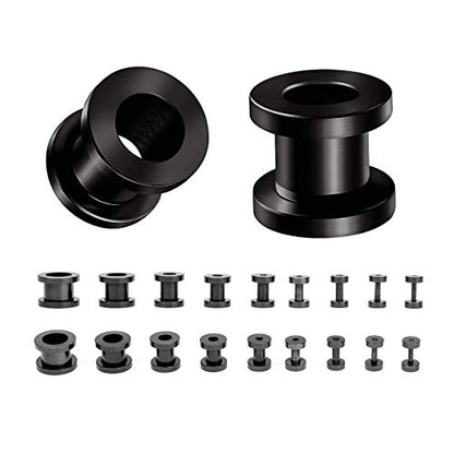 18PCS Ear Tunnels Kit Stainless Steel Screw Fit 14G-00G Gauges Plugs Set Double Flared Stretcher Expander Body Piercing Jewelry - color: Black