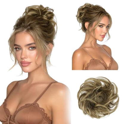 RUWISS 100% Human Hair Bun Small Messy Bun Hair Piece for Women Layered Wavy Hair Buns Updo Hairpiece for Daily Wear Scrunchies Ponytail Extension (Brown with Warm Blonde Highlights) - color: Brown with Warm Blonde Highlights