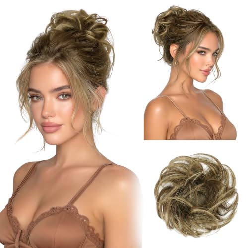RUWISS 100% Human Hair Bun Small Messy Bun Hair Piece for Women Layered Wavy Hair Buns Updo Hairpiece for Daily Wear Scrunchies Ponytail Extension (Brown with Warm Blonde Highlights) - color: Brown with Warm Blonde Highlights