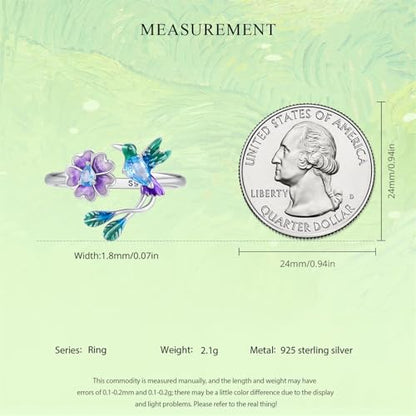 925 Sterling Silver Adjustable Open Ring for Women Trendy Jewelry Gift - color: Green bird