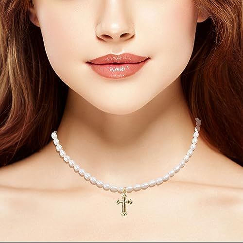 wgoud Natural Freshwater Pearl Choker Necklace for Women, Trendy 14K Gold Plated Pearl Necklaces Handmade Jewelry Gift - color: Cross Two-tone