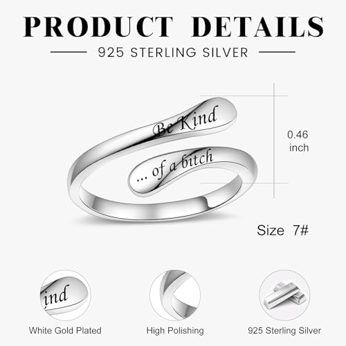 Fookduoduo 925 Sterling Silver Ring Inspirational Jewelry adjustable Wrap Open Rings for Women - style: Be Kind