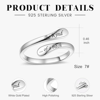 Fookduoduo 925 Sterling Silver Ring Inspirational Jewelry adjustable Wrap Open Rings for Women - style: Be Kind
