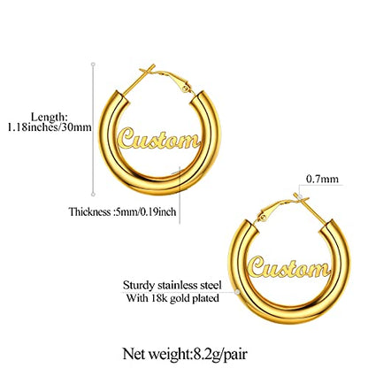FindChic Hoop Earrings for Women, Silver/Black/14K Gold Plated Hypoallergenic Hollow Round Tube Loop Earrings, 20mm/30mm/40mm/60mm/80mm Chunky Hoops with Custom Name Options & Gift Box - color: f.Gold (Custom Name), size: 30MM