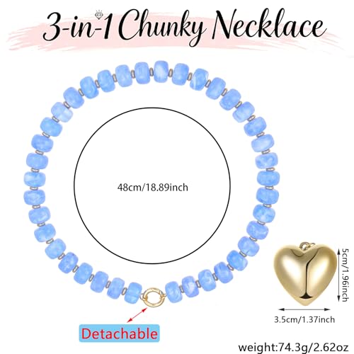 Chunky Heart Necklaces for Women Colorful Resin Beaded Necklaces for Women Gold Puffy Heart Statement Necklace Trendy Acrylic Choker Jewelry Gift - color: B-Light Blue