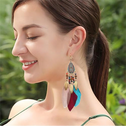 Dreuyet Boho Long Feather Drop Dangle Earrings for Women Retro Bohemian Ethnic Fringe Multicolor Tassel Feather Earring Handmade Statement Dream Catcher Earrings Jewelry - color: Color Teardrop