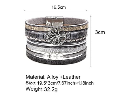 Fesciory Leather Wrap Bracelet for Women, Boho Western Layered Cuff Jewelry | Stackable Bracelets, Easy-On Clasp, Daily Wear, Pairs with Boho Western Outfits, Gift for Women - color: Grey1