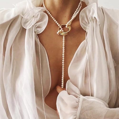 Dainty Lariat Pearl Necklace for Women, Long Gold Minimalist Charm Jewelry, Elegant Pearl Pendant Necklace Gift - color: K-Gemini pendant necklace