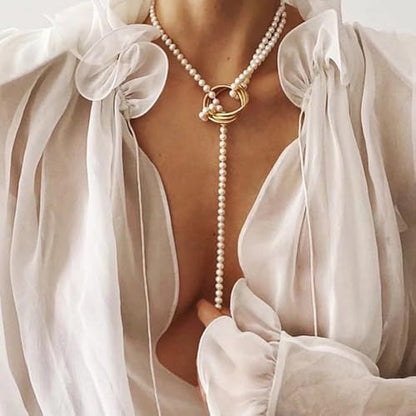 Dainty Lariat Pearl Necklace for Women, Long Gold Minimalist Charm Jewelry, Elegant Pearl Pendant Necklace Gift - color: K-Gemini pendant necklace