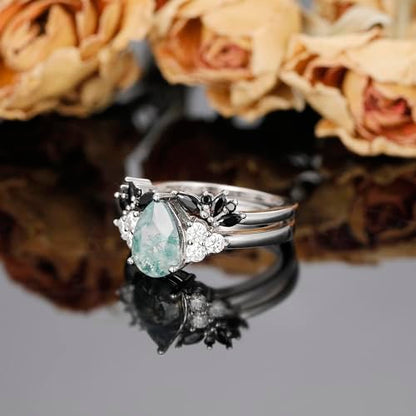 Moss Agate Bridal Wedding Rings Set for Women 925 Sterling Silver | Plated Platinum/Black Gold, Gothic, Vintage, Engagement Promise Ring, Anniversary Valentine Day Birthday Gift for Her - style: Platinum Plating Retro Open Ring