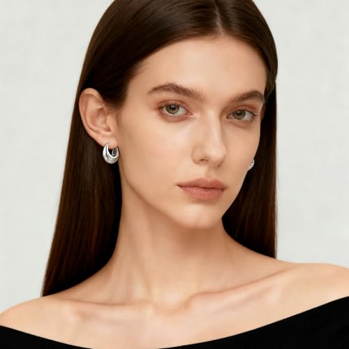 Chunky Hoop Earrings for Women 14K Gold Plated Small Huggie Hoops Lightweight Hypoallergenic Jewelry Gift - style: Simple Hoop-silver tone