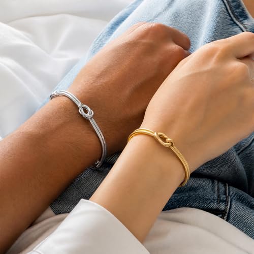 14K Gold Plated Dainty Stackable Bracelet Set, Heart Pearl Knot Beaded Chain Women Gift - color: Gold