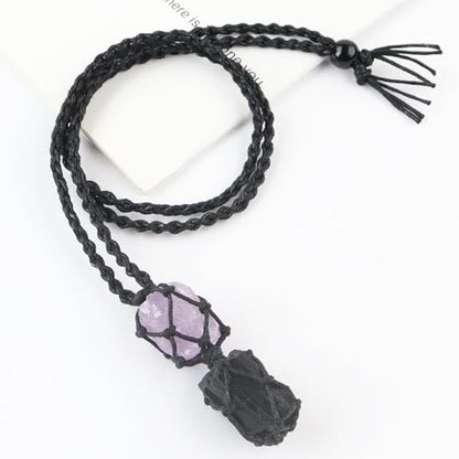 Anjiucc Handmade Crystal Cage Holder with Raw Gemstone Pendant Necklace Natural Stone Healing Crystal Necklace Adjustable Length - color: Tourmaline+Amethyst