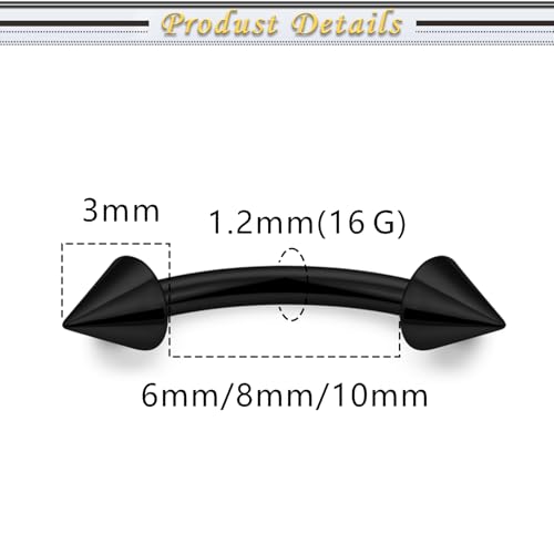 Internally Threaded Eyebrow Piercing Jewelry Surgical Steel Tiny Eyebrow Rings Vertical Labret Lip Jewelry Small Ear Rook Earring for Women Men 18g 16g 14g Plus Piercing Ball Grabber Tool - color: black, size: 16g,spike end