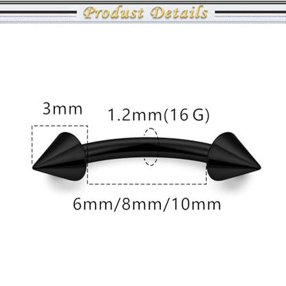 Internally Threaded Eyebrow Piercing Jewelry Surgical Steel Tiny Eyebrow Rings Vertical Labret Lip Jewelry Small Ear Rook Earring for Women Men 18g 16g 14g Plus Piercing Ball Grabber Tool - color: black, size: 16g,spike end