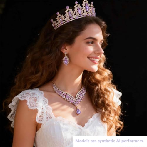 Kamirola Bridal Wedding Tiara Crown Jewelry Set for Women/Brides/Bridesmaids Crystal Jewelry Set for Wedding Prom Party Bridal Crystal Necklace Earrings Bracelet Set(TR60) - color: Gold Purple