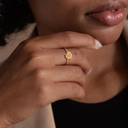 Birth Flower Stacking Ring for Women | 14K Gold Plated Brass, 12 Engraved Floral Motifs, Slim Stack-Ready Band, Available in US Sizes 5-9 - style: Jun.-Rose