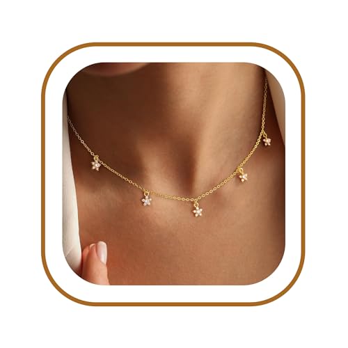 Ursteel 14K-Gold-Plated Necklace for Women Girls, Cute Daisy Pearl Necklace for Girls Clover Butterfly Cubic Zirconia Flower Evil Eye Station Necklaces for Women Teen Girl Gifts - color: Flower Zircon