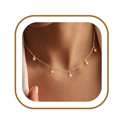 Ursteel 14K-Gold-Plated Necklace for Women Girls, Cute Daisy Pearl Necklace for Girls Clover Butterfly Cubic Zirconia Flower Evil Eye Station Necklaces for Women Teen Girl Gifts - color: Flower Zircon