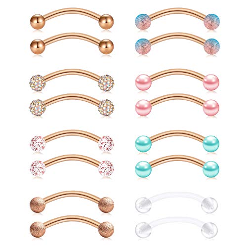 FECTAS 14g Stainless steel Nipple Rings Curved Barbell Piercing Jewelry Petite Belly Button Rings Curved Barbells for Women Men - style: rose gold-16pcs-1