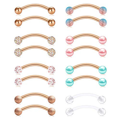 FECTAS 14g Stainless steel Nipple Rings Curved Barbell Piercing Jewelry Petite Belly Button Rings Curved Barbells for Women Men - style: rose gold-16pcs-1