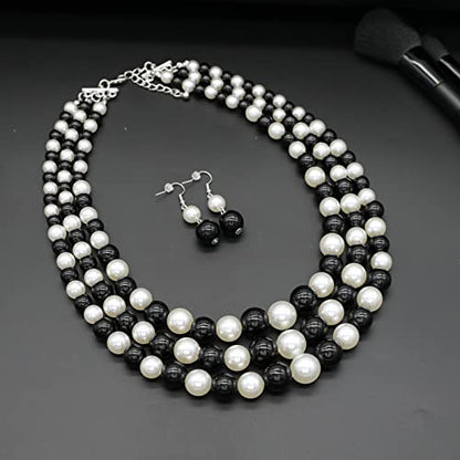 Chunky Layered Imitation Pearl Necklace for Women 3 strand Pearl Necklaces Faux Pearl Necklace Earrings Set 1920s Flapper Gatsby Costume Accessories - color: 3 strand pearl necklace black white