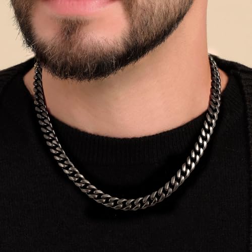 Gold Cuban Link Chain for Men Mens Stainless Steel Miami Curb Chains Necklace 5/8/10/12/14mm Thick Real Gold/Silver/Black Plated Diamond Cut Non-Tarnish Jewelry Trendy Gifts 16-30 Inch with Gift Box - color: 10mm Width - Black Plated, size: 30 in (76 cm)