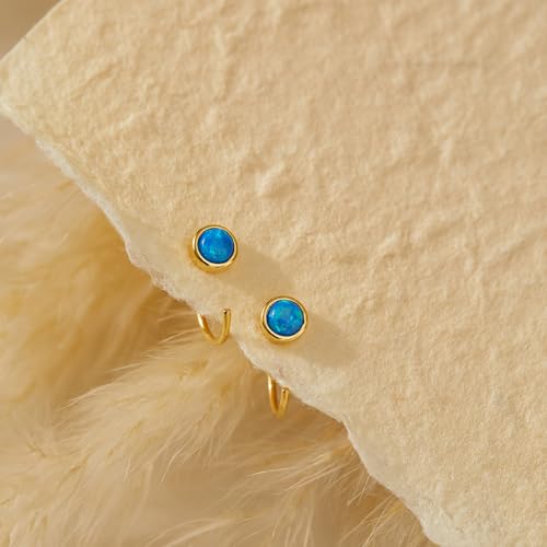 CHIC & ARTSY 925 Sterling Silver Half Hoop Earrings for Women, Dainty Huggie Hoops with Synthetic Opal, Moonstone, CZ & Gemstones, Lightweight Comfort Fit Everyday Elegant Jewelry - color: Opal Blue/Gold Plated Silver