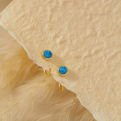 CHIC & ARTSY 925 Sterling Silver Half Hoop Earrings for Women, Dainty Huggie Hoops with Synthetic Opal, Moonstone, CZ & Gemstones, Lightweight Comfort Fit Everyday Elegant Jewelry - color: Opal Blue/Gold Plated Silver
