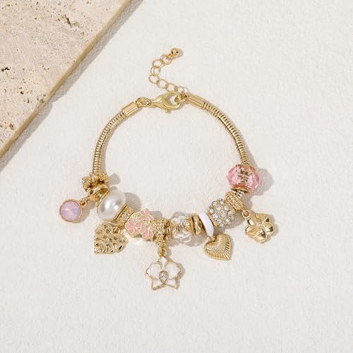 Charm Bracelet Gold Bracelets for Women Gifts | LOVE Heart Hollow Flower Bow Pink Green Square Gemstone Beaded Charm Bracelet Cute Adjustable Bracelet Jewelry - style: Hibiscus Flower
