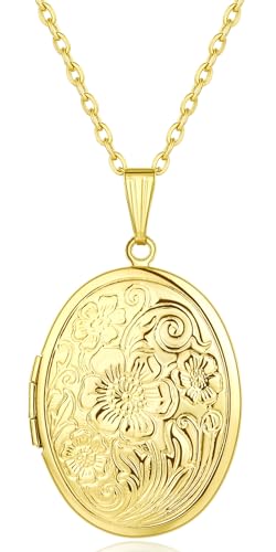 YOUFENG Oval Round Flower Locket Necklace that Holds Pictures Photo Locket Pendant - style: Oval Gold-plated